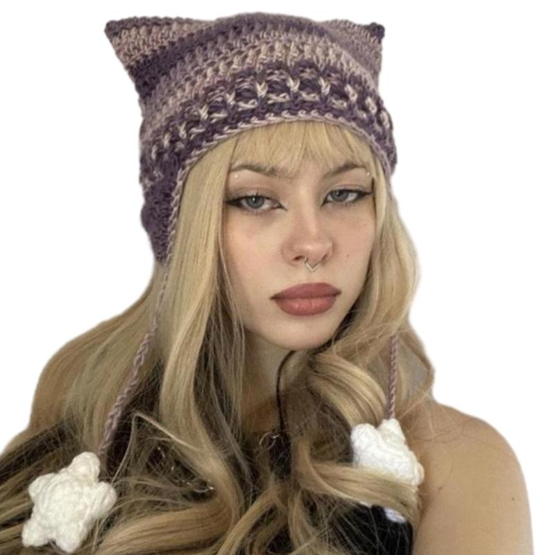 Girl Cartoon Kitten Ear Striped Knit Beanie Hat Y2K Star Party Hat Photo Props Hot Girl Cute Slouchy Knitting Hat