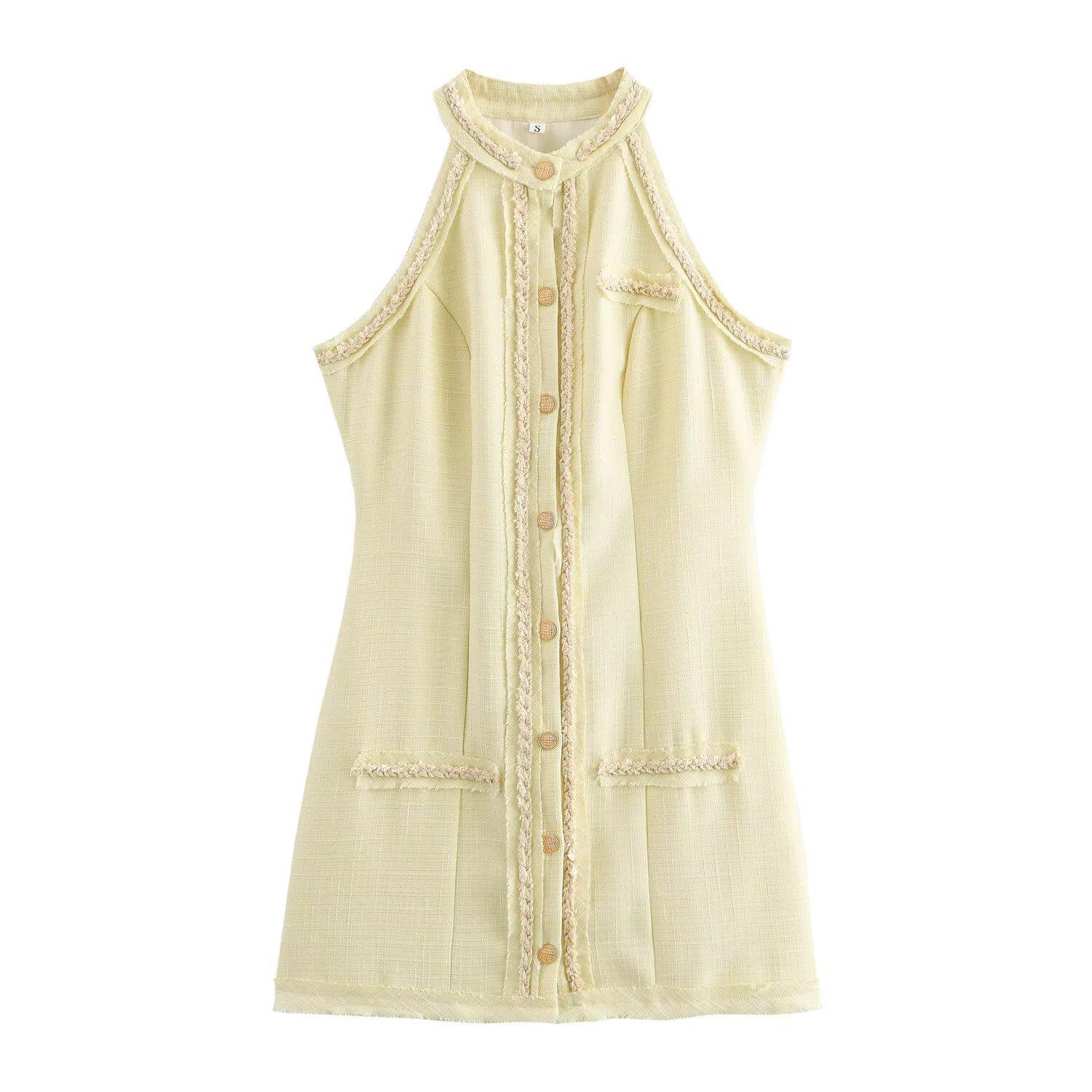 

2024 Осень Европейский и американский стиль Женское платье без рукавов, облегающее талию, на пуговицах L жёлтый