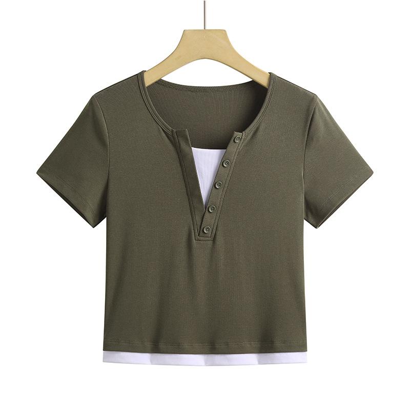 

Двухсекционная короткая модная универсальная корейская версия на пуговицах с v-образным вырезом и высокой талией, летняя футболка 2024 г., хлопковая футболка с половиной рукавов XXXL