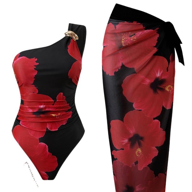 

2026 New Swimsuit European and American Summer Sexy Shoulder Big Flower Swimsuit Vacation Beach Suit S