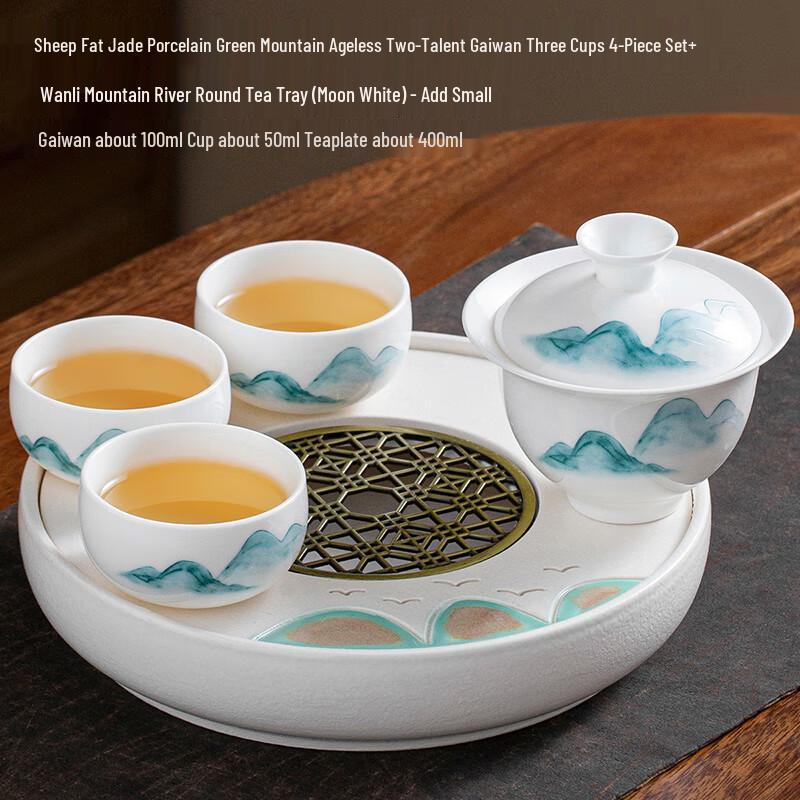 Lino Mutton Fat Jade Porcelain Gaiwan Tea Set with Landscape Tray