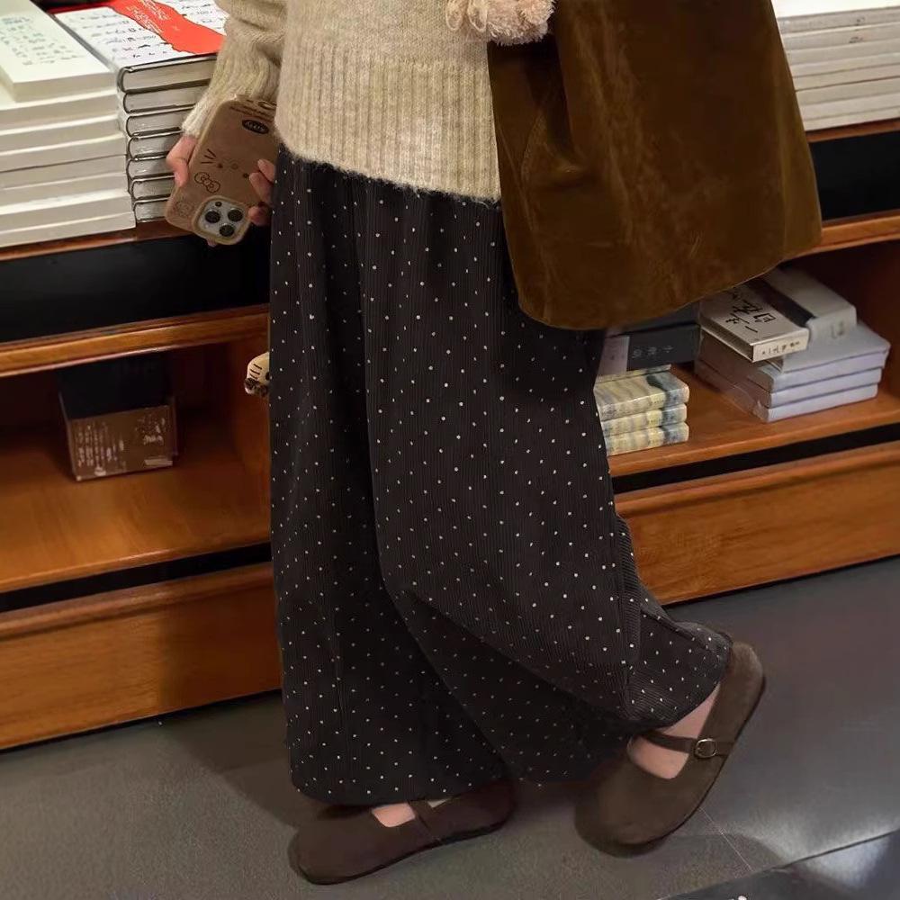 Women's Plus Size Corduroy Polka Dot Wide-Leg Pants - Korean Style, Slimming, Thickened for Winter, Casual and Petite-Friendly.