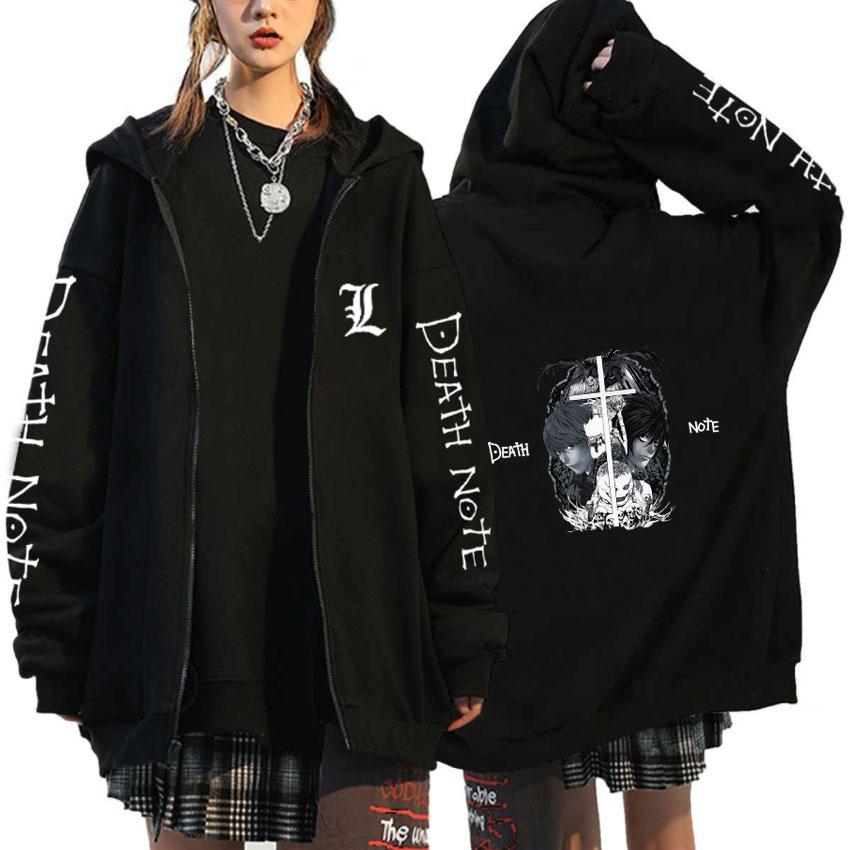 Japan Anime Death Note Zip Up Hoodies Gothic Men's Cartoon Misa Amane L Ryuk-Graphic Streetwear Black Fleece Zipper Jacket Coats