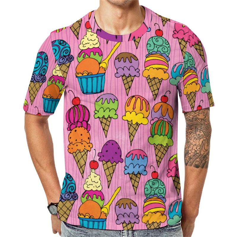 

Summer Round Neck 3D Fun Ice Cream Print Top Fashionable Casual Short Sleeved Men s T-shirts XS