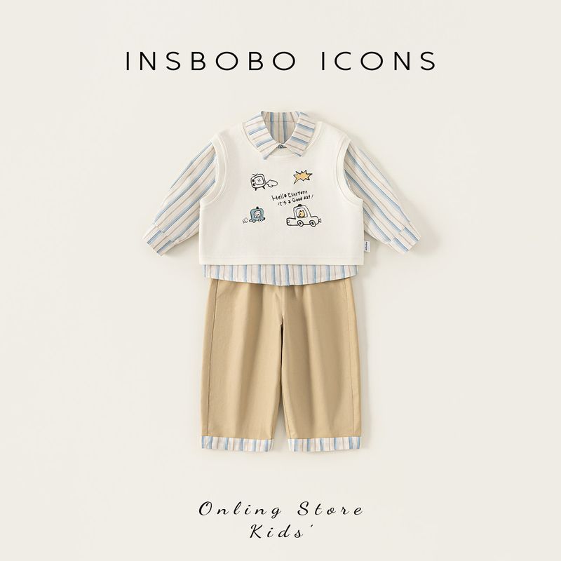 Костюм для мальчика Insbobo 2026 Весна Новый Стиль Весенний Наряд Детская Рубашка Детская Одежда Стильный Жилет Весна и Осень Rice White 80