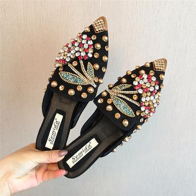 2025 New Shoes for Women Luxury Slipper Girl Rhinestone Cherry Rivet Casual Flat Sandals Girl Heels Pointed Toe Slides