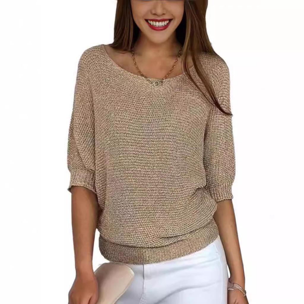 Pulover Tricotat Casual cu Mâneci Batwing pentru Femei, Pulover Moale Texturat cu Gât Rotund, Opțiuni Multiple de Culoare
