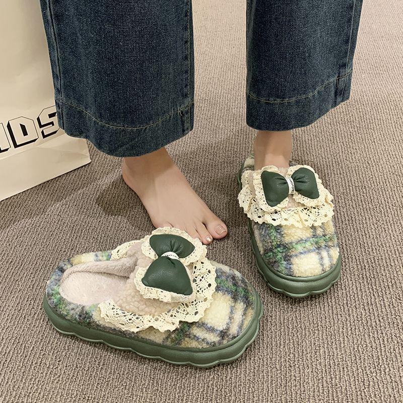 Women's Cotton Slippers Autumn/Winter 2025: Korean Style with Lace Bow, Thick Non-Slip Sole, Warm for Indoor Use.