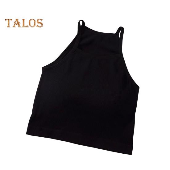 

Женский ребристый топ с подкладкой, летний топ без рукавов со спинкой-борцовкой и встроенным бюстгальтером, укороченный топ на тонких бретельках чёрный