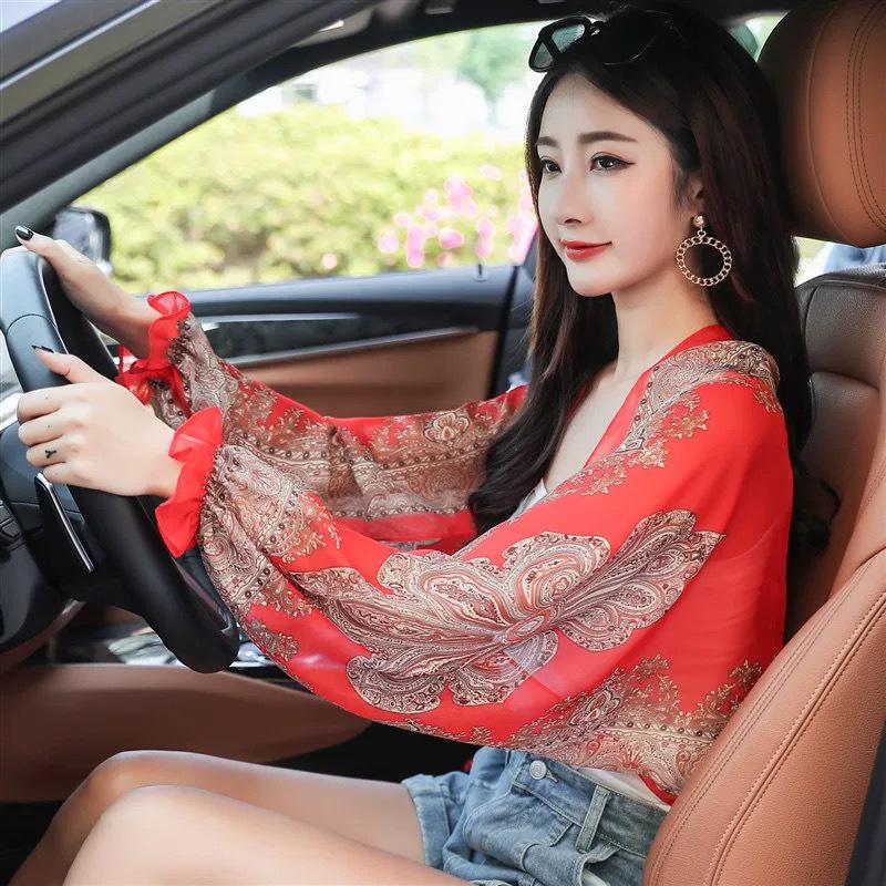 Cashew Print Chiffon Cycling Shawl with Sun Protection Sleeves - Fashionable Long Sleeve Scarf