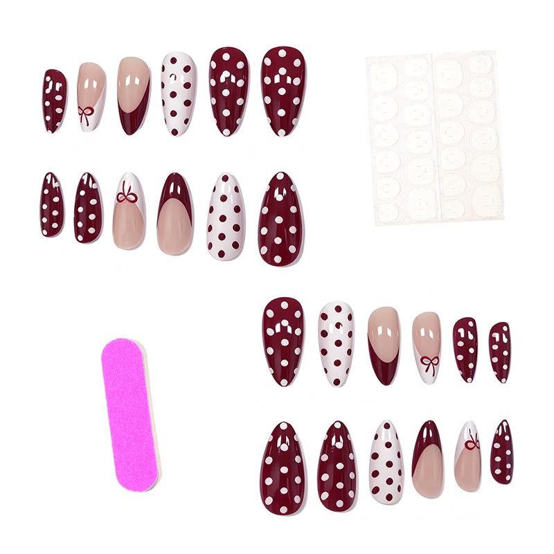 Nail art, French polka dot bow girl style long almond-shaped nail wear