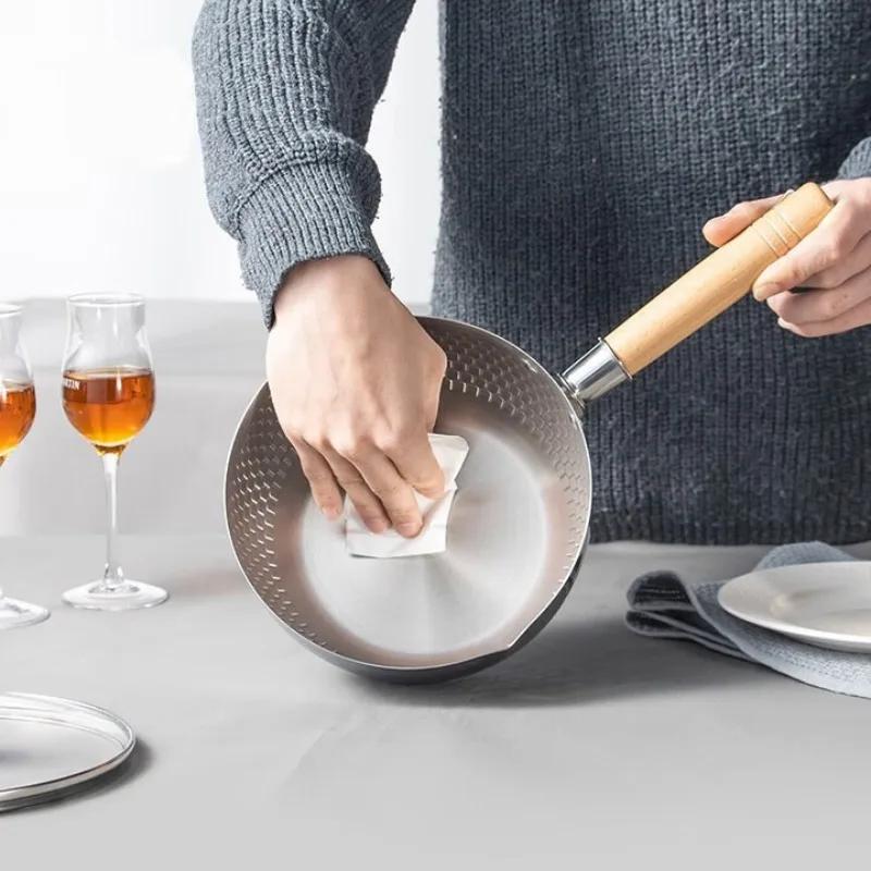 20cm Stainless Steel Soup Pot Japanese-Style Snow Pot Wooden Handle Stew Pot Milk Pot Kitchen Cookware Flat Bottom Non-Stick Wok