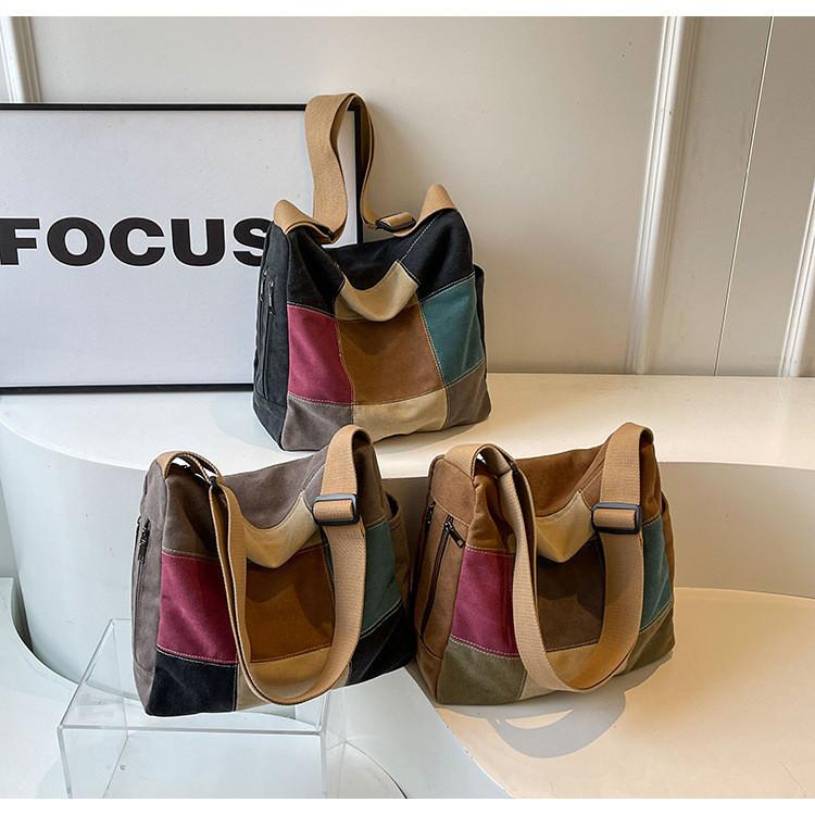 Trendy Color Stitching Canvas Tote Bag 2024 New Street Style Wide Strap Crossbody Bag