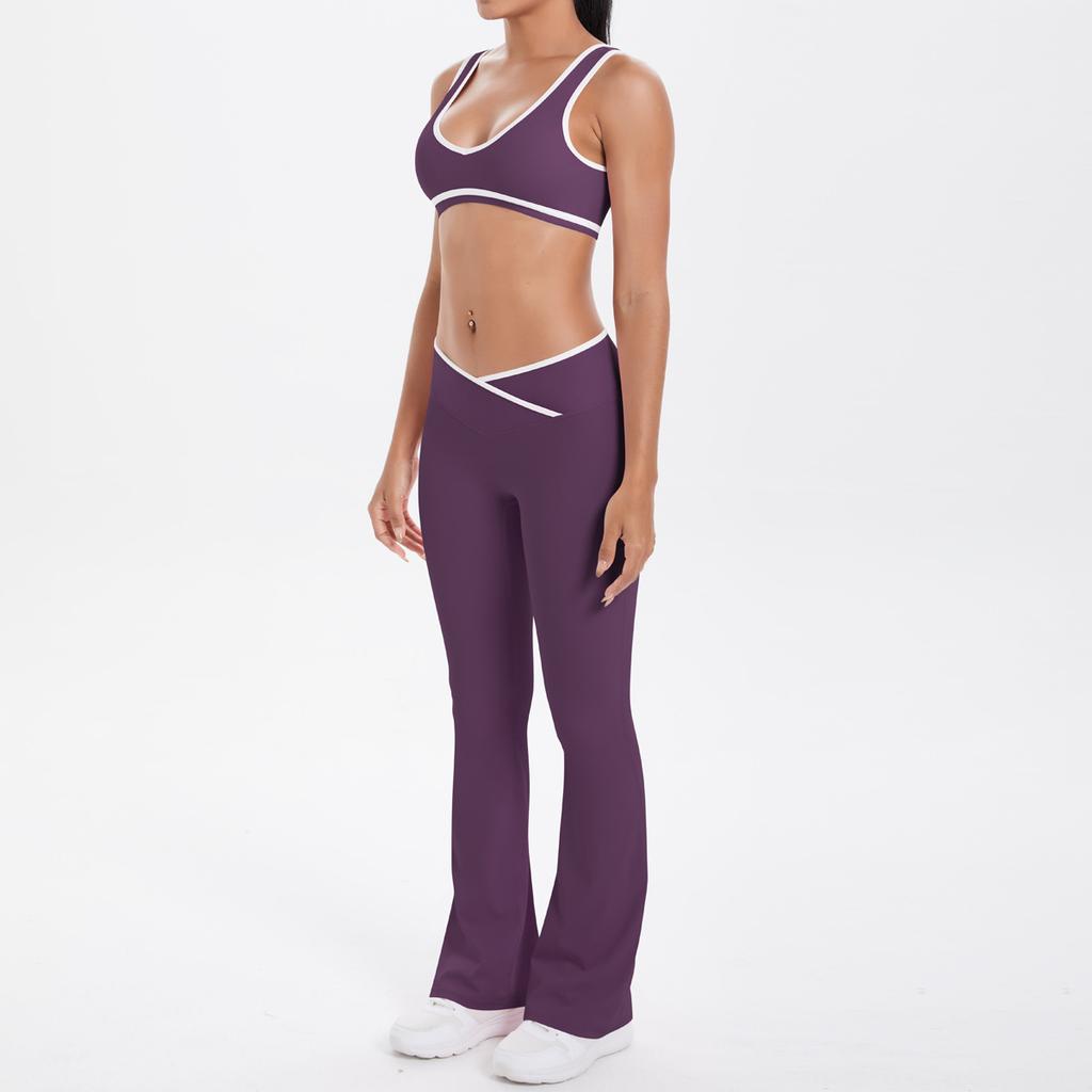 New double-sided abrasive contrasting color tight and breathable cross wide-leg yoga suit sports running fitness women