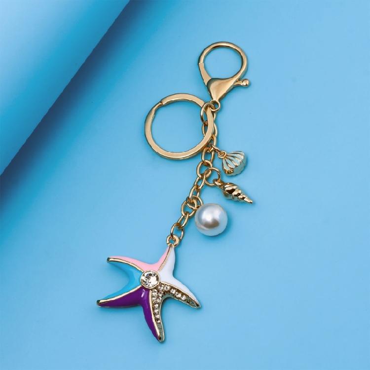 Sparkling Starfish Key Ring Zinc Metal Craftsmanship with Seashells Charm Keychain Pendant Beach Vacation Accessory