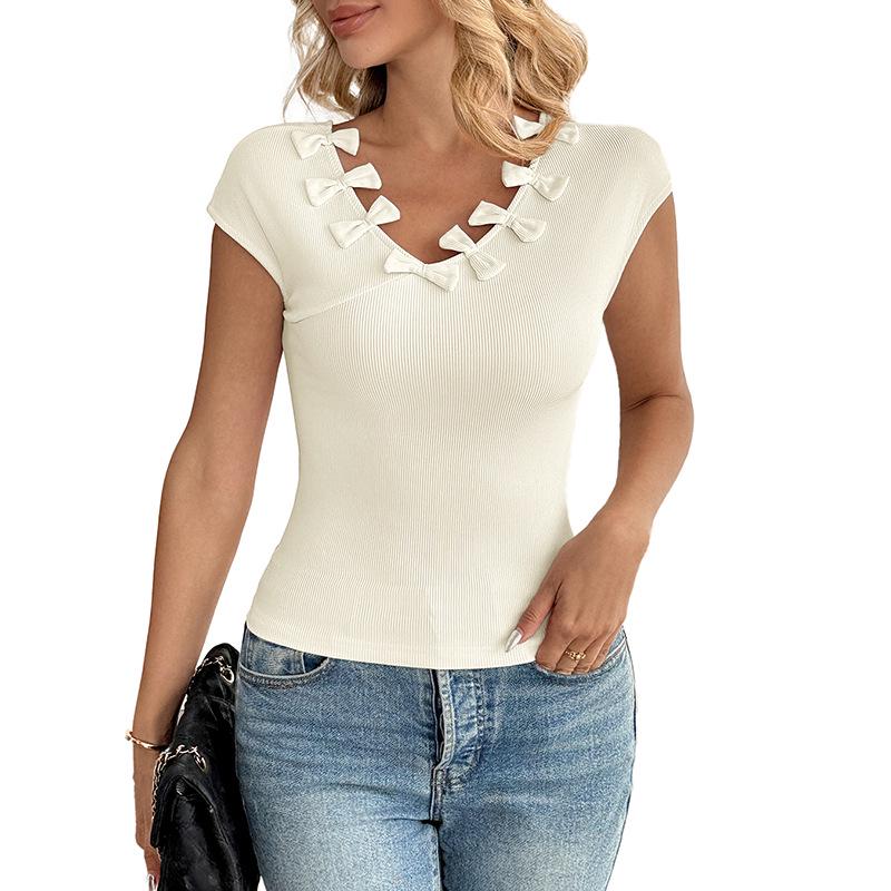 European & American Style Ribbed Slim-Fit Backless V-Neck Bow Short-Sleeved Summer Knit T-Shirt for Women