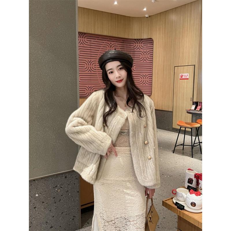 New Mao Mao Jacket Women's Round Neck Double-breasted Imitation Mink Hair Vertical Pattern Mao Mao Fragrant Coat Imitation Fur Autumn and Winter
