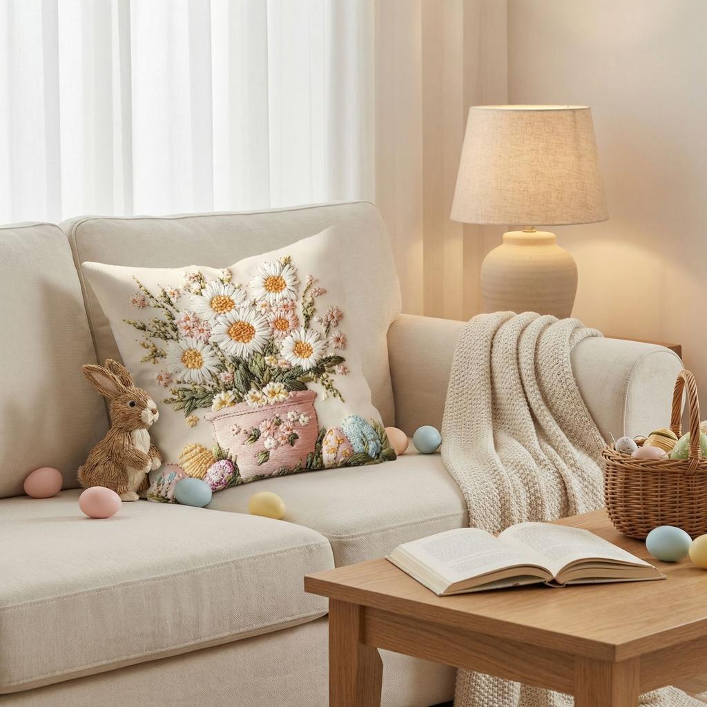 Easter Flower Pot Egg Pillowcase Imitation Embroidered Print