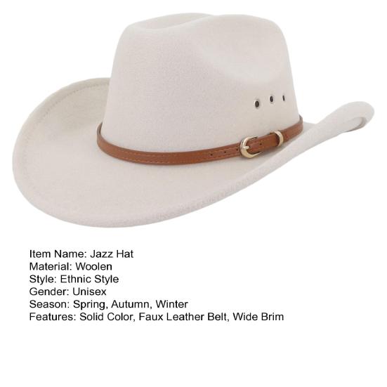 Ethnic Style Wide Brim Hemming Faux Leather Belt Decor Jazz Hat Western Cowboy Cowgirl Fedora Hat Fashion Accessories