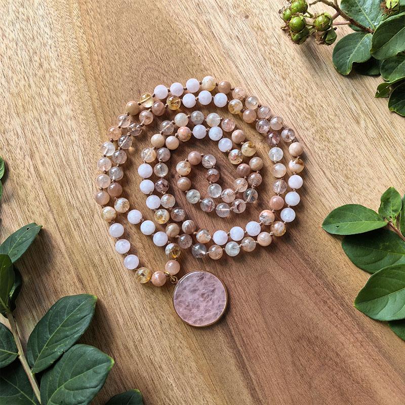 Sunstone,Madagascar Rose Quartz,Yellow Pagoda Mala Necklace,Rose Quartz Pendant,JapaMala,108 Knotted Beads Healing Yoga Gift