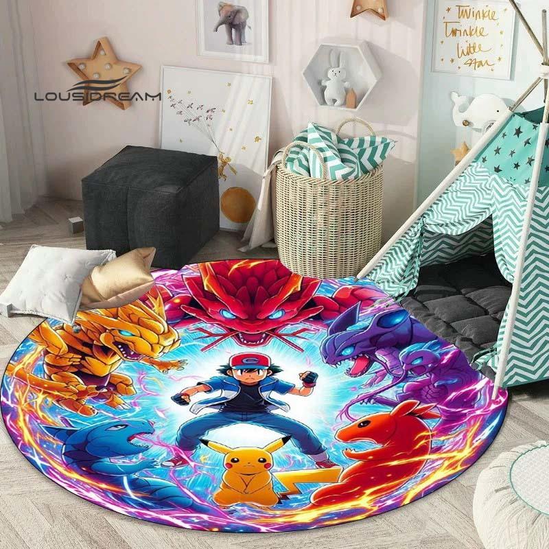 Tappeto rotondo carino dei cartoni animati Pokémon, tappeto per camera da letto e soggiorno, tappetino per sedia girevole per stanza dei bambini e sala giochi, tappetino per divano per il tempo libero Q0
