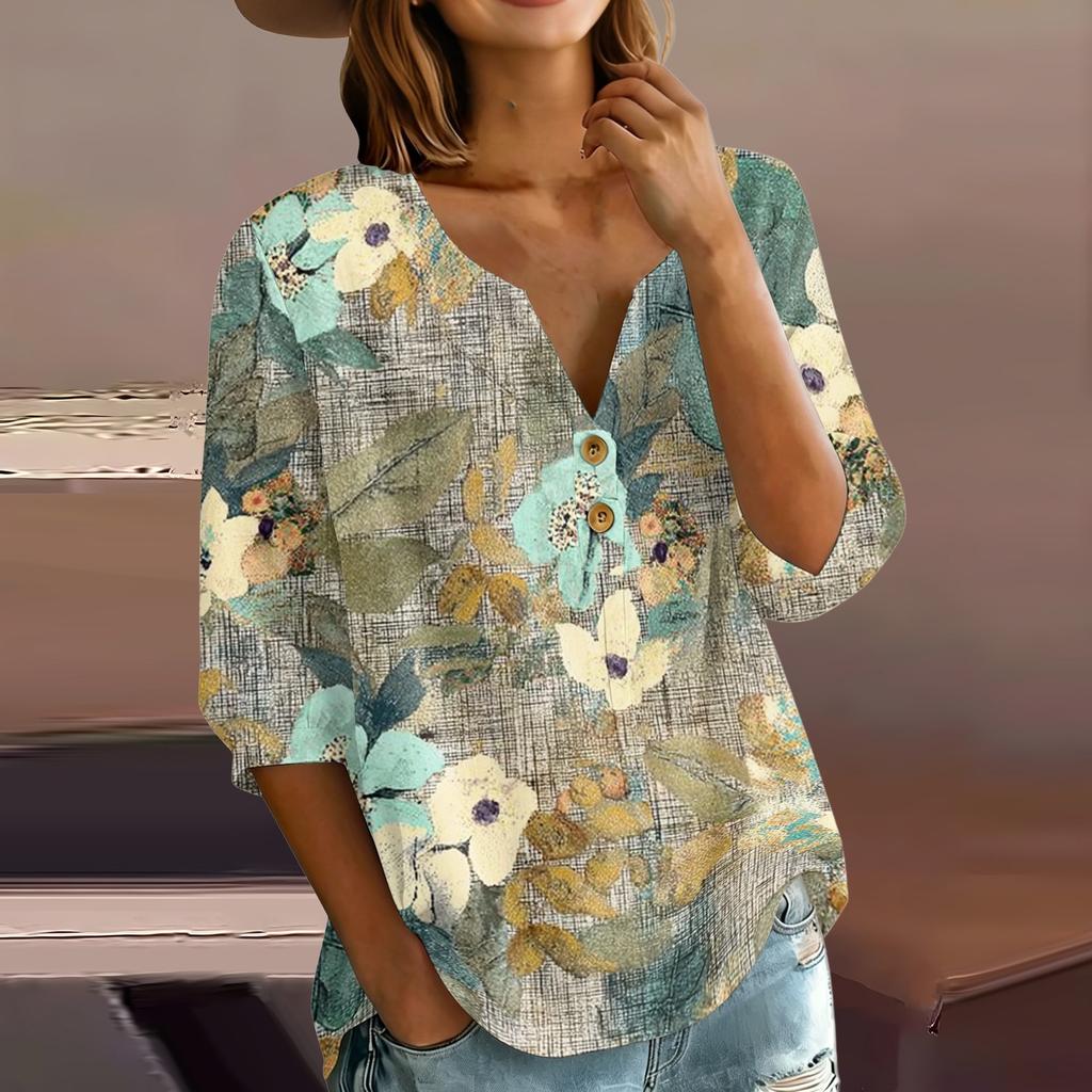 Women’s Fashion Printed Henley Neck Cotton Linen Shirt with Button Front and Three Quarter Sleeves for Casual Wear
