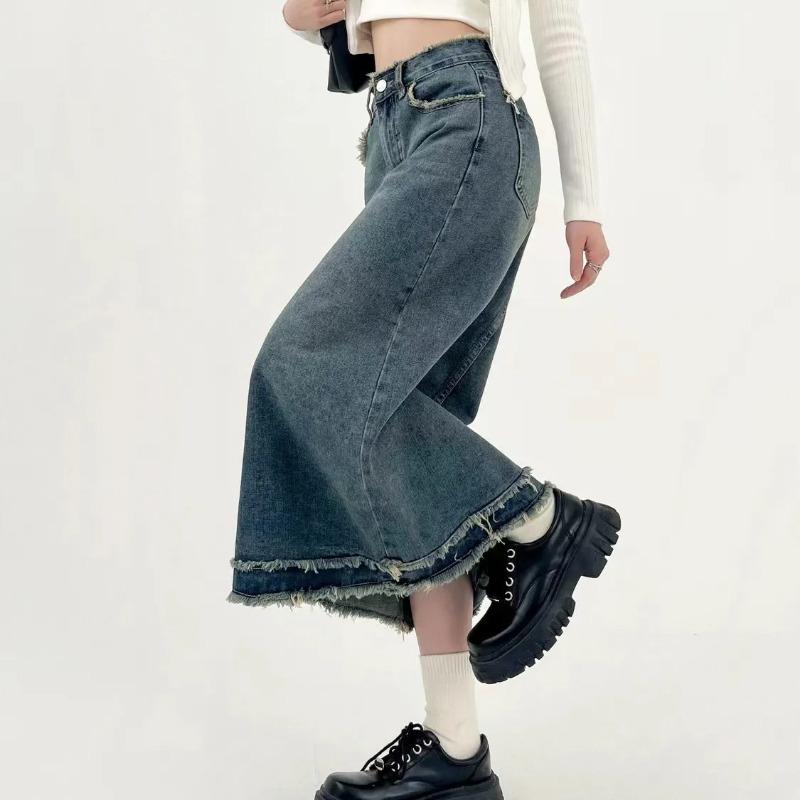 Women's High Waist Frayed Hem Denim Maxi Skirt