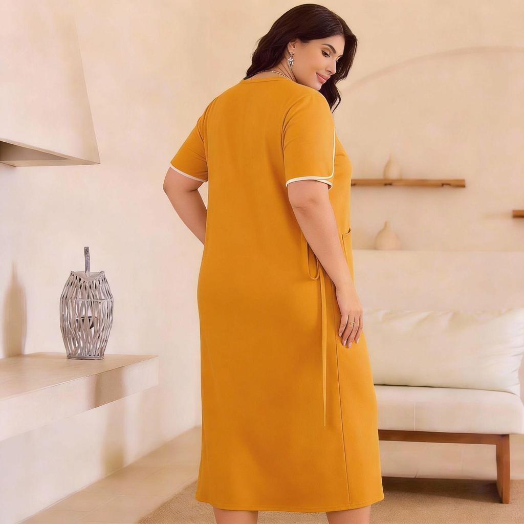 Plus Size Milk Silk Short Sleeve Long Nightgown Dress