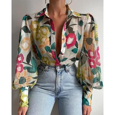 2023 Vintage Print Floral Shirt Ladies Lantern Sleeve Blouses Fashion Spring Office Lady Tops Button Up Long Sleeve Shirts 21620