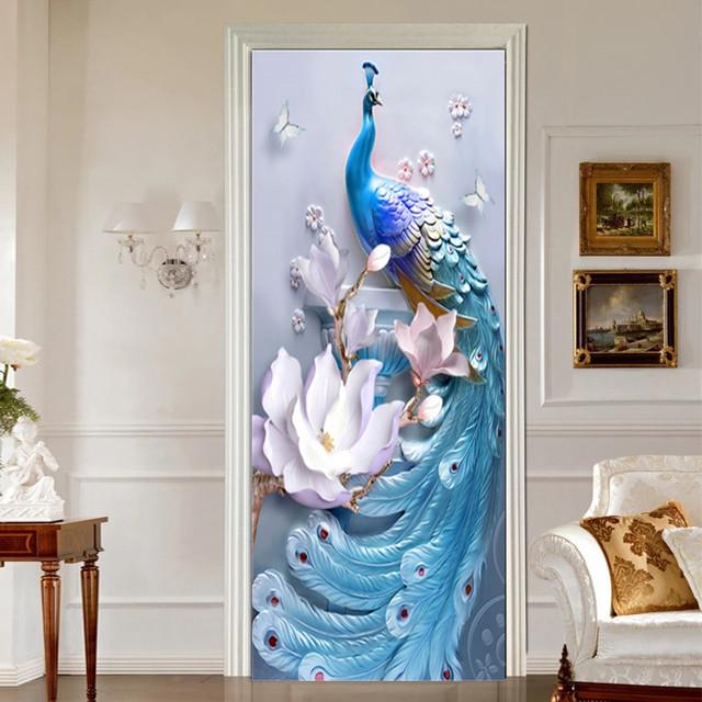 

Наклейки на дверь павлина, самоклеящиеся украшения, кухня, спальня, шкаф, стеклянная дверная пленка, обои, водонепроницаемые наклейки, коридор 77cm x 200cm