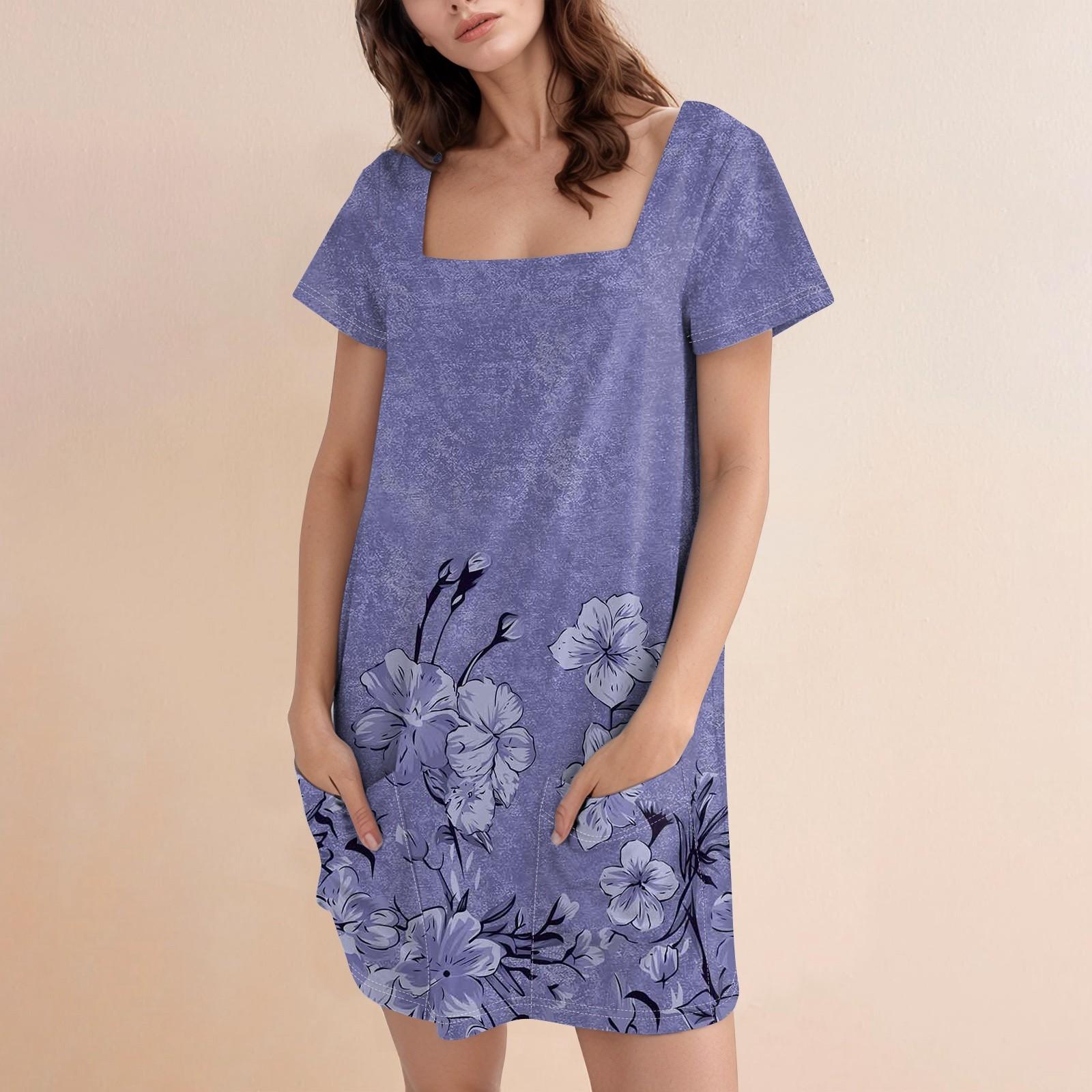 

Женская модная юбка с квадратным воротником и коротким рукавом, повседневное платье с цветочным принтом и карманом M фиолетовый