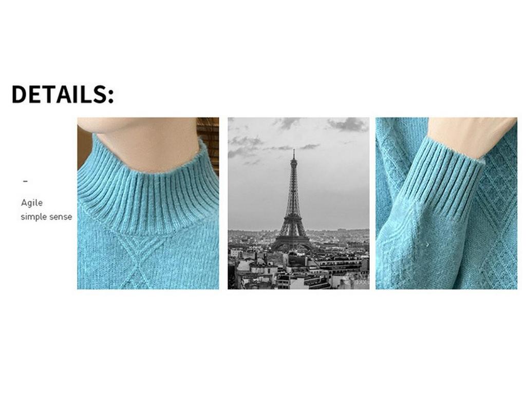 Women's Diamond Pattern Wool Pullover - Semi-High Neck, Thick, Autumn/Winter Knit