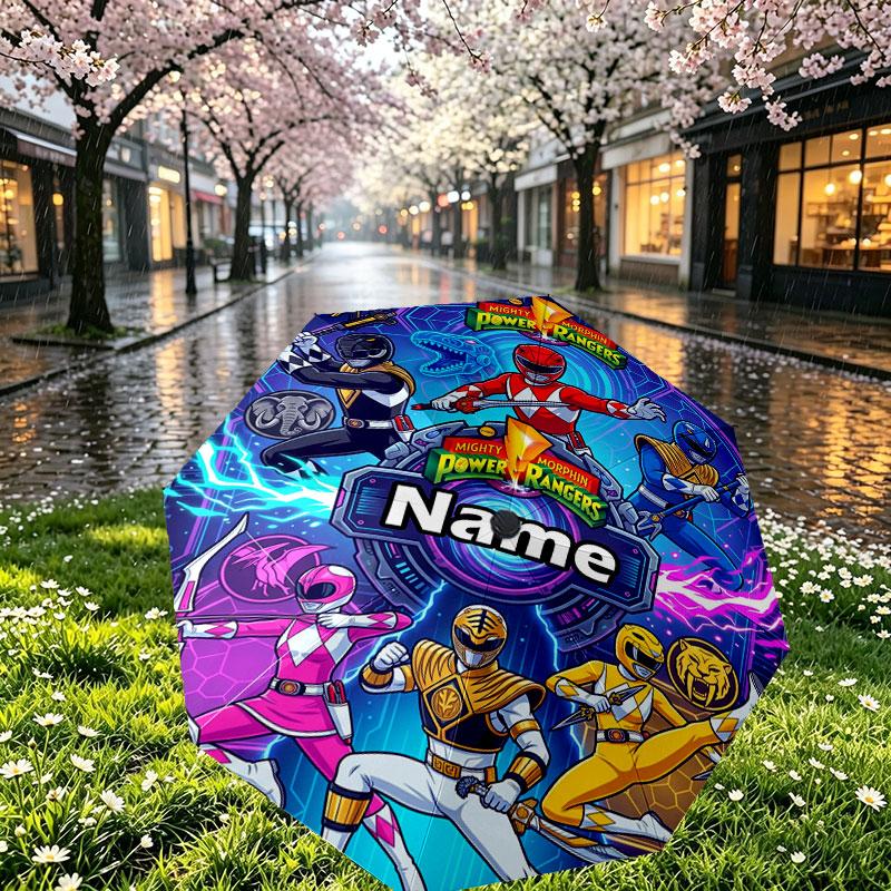 Custom Name Personalized Power Rangers Print Umbrella, Auto Open Close, 8‑Rib Sturdy Frame, Commute Camping Hiking Use, Birthday Gift