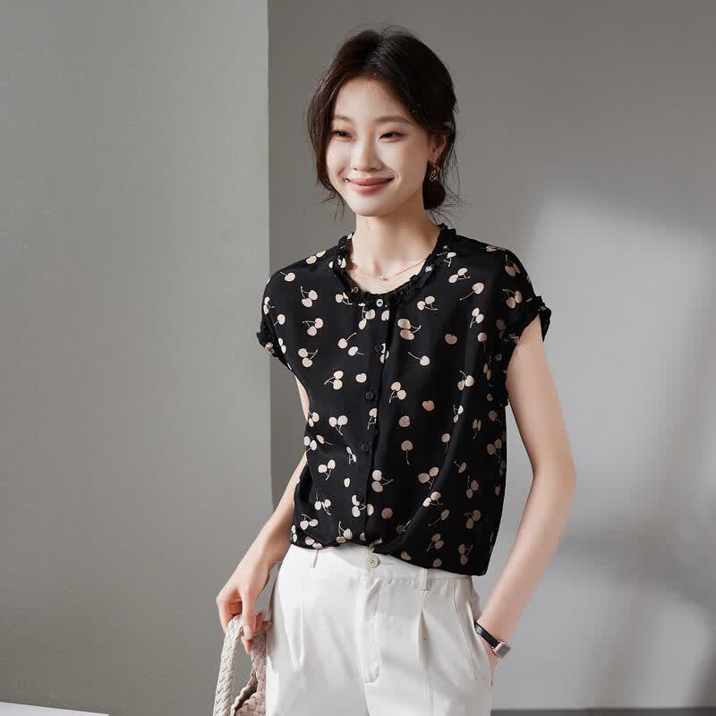 SOFSIL Women s Ruffle Collar Silk Short Sleeve Blouse M