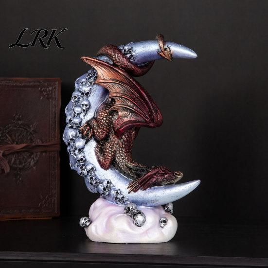 Fade Resistant Resin Ornament Dragon Skull Moon Figurine, Gothic Style Sculpture for Unique Dark Fantasy Gift Home Desktop Party Decor, Halloween