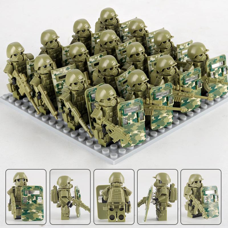 

Military building block figurine heavy loading special forces police weapon shield assembly toy special police villain toy