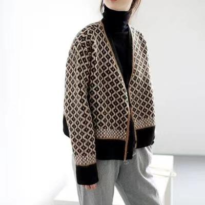 Autumn Winter Korean Retro Sweater Cardigan Jacket Women's Ins Temperament Contrasting Color V-neck Diamond Grid Thick Loose Outer Outfit