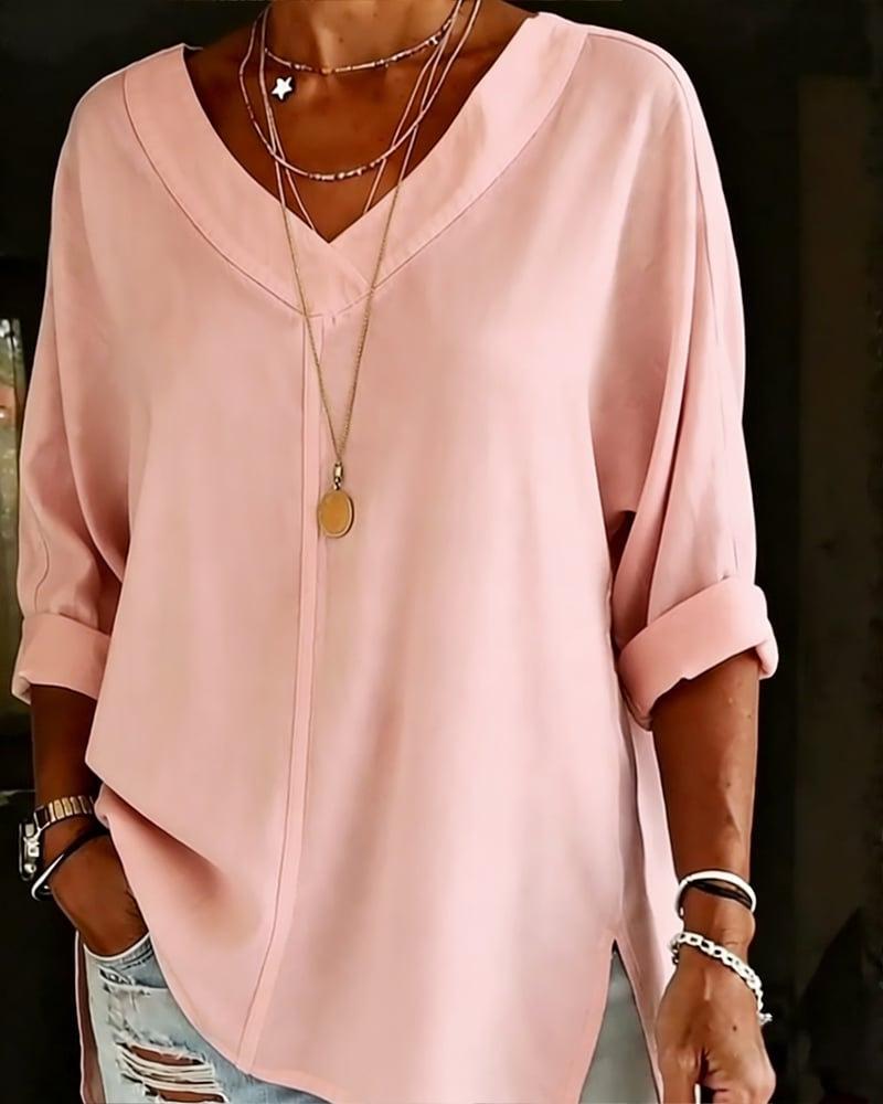 2026 Amazon European and American Cross-border Women's Clothing Street Fashion Solid Color V-neck Loose Top Long Sleeve Cotton and Linen Shirt