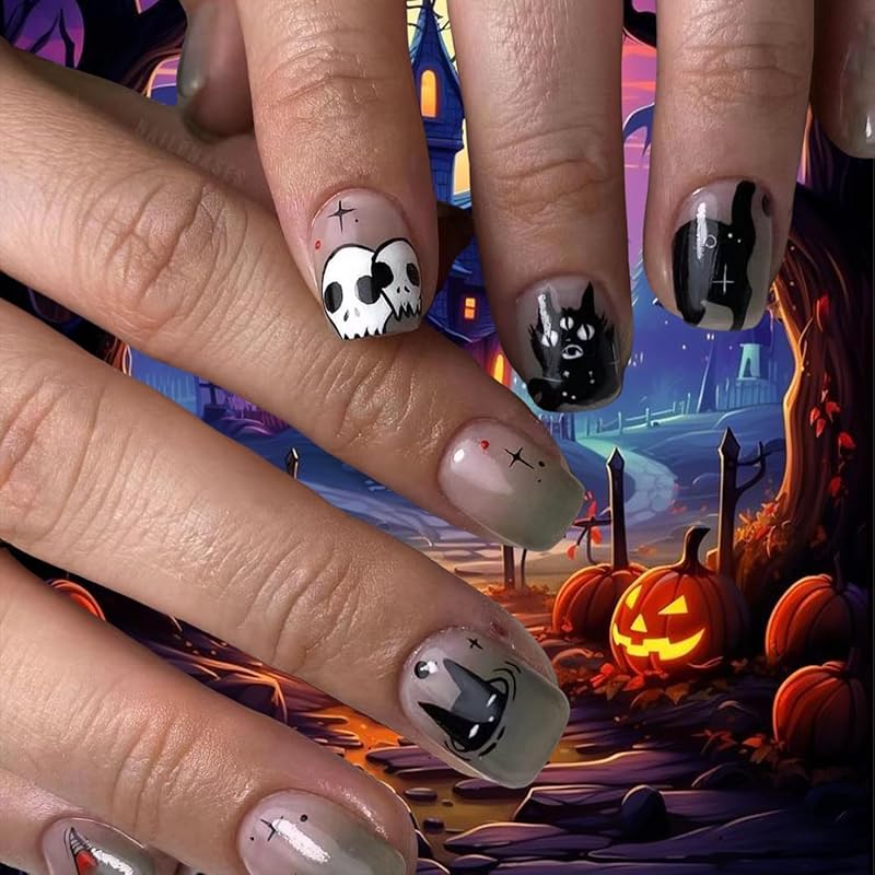 24 Pcs Maple Leaf Press On Nails Short Square Fall Leaves Fake Nails Glue On Nails Autumn Acrylic Nails with Gold Foil Designs Reusable Maple Leaves