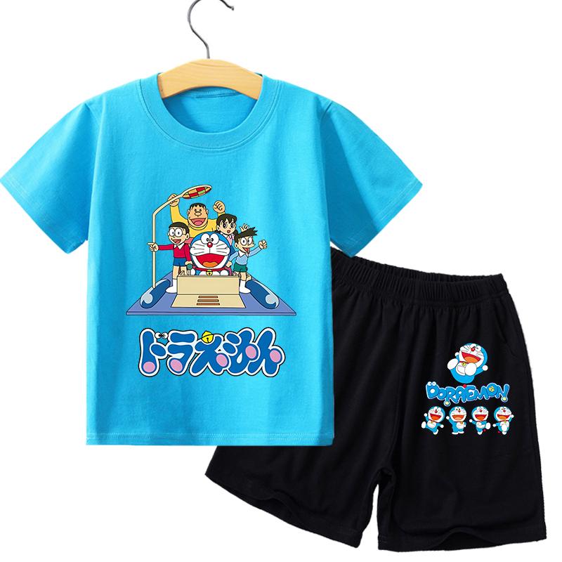 Boy Girl Short Sleeves Shorts 2pcs Set Kid Blue Top Summer Clothes Children T-shirt Set Cute Cartoon Tees