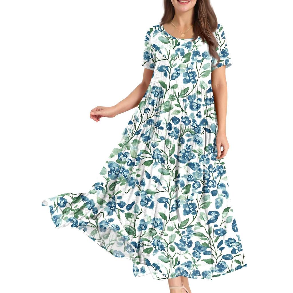 Damen Sommer Rundhals Kurzarm Geblümtes Boho Lockeres Kleid