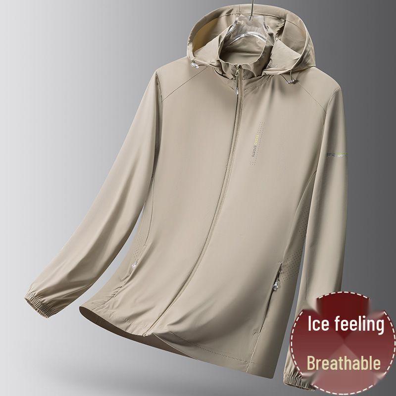 

Мужская куртка высокого класса из ледяного шелка для защиты от солнца со съемным капюшоном - Дышащая, быстросохнущая одежда для спорта на открытом воздухе для пар M for 100-115 lbs хаки