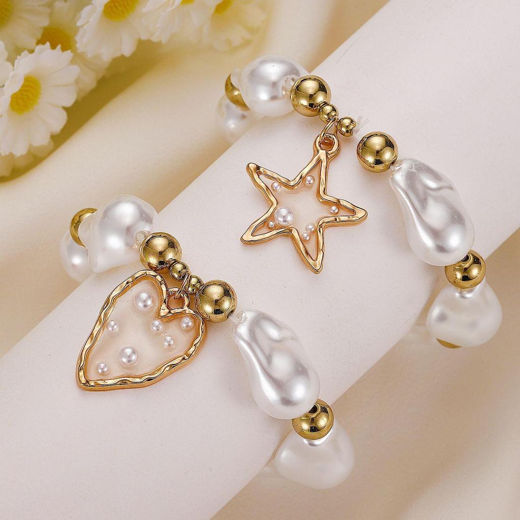 Baroque Sweet Luxurious Imitation Pearl Heart Shaped Pentagram Bracelet