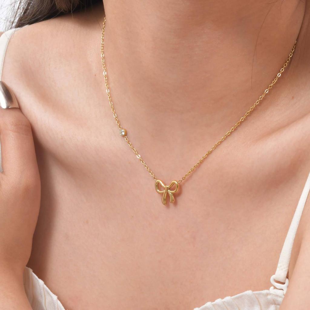 Fashion Stainless Steel Zircon Bow Gold Necklace Ladies