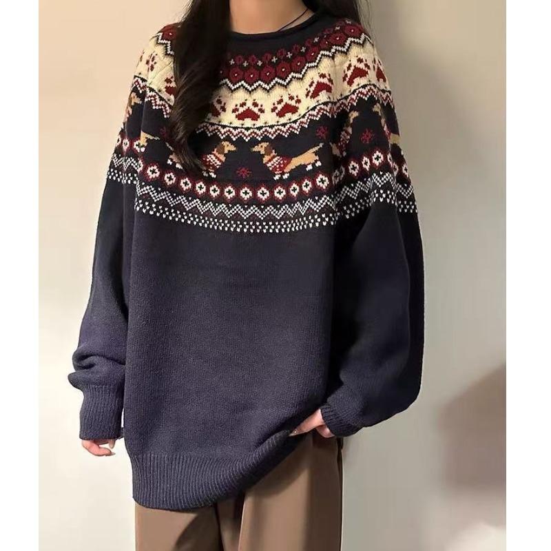 2025 Retro Japanese Ethnic Style Jacquard Round Neck Loose Knit Cardigan for Women
