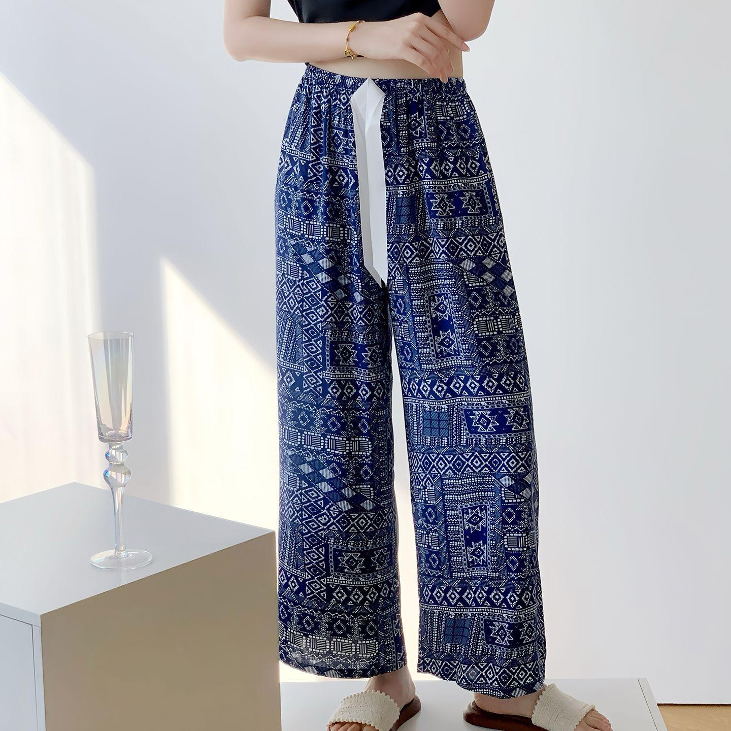 

Летние женские хлопково-вискозные брюки до щиколотки с широкими штанинами - Защита от комаров Свободный крой Прямые штанины Повседневная одежда для отдыха One size