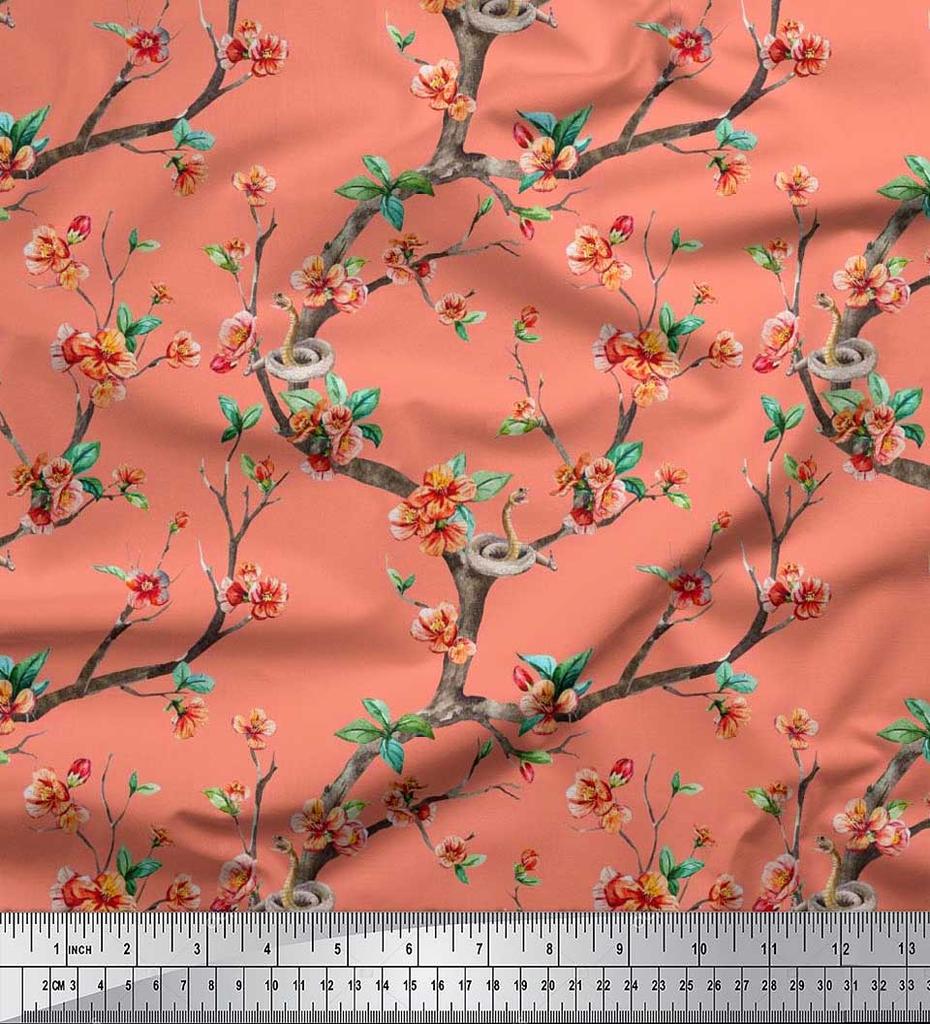 Soimoi Japonská krepová saténová látka Had, listy a květy, květinový potisk v metrech 42 palců