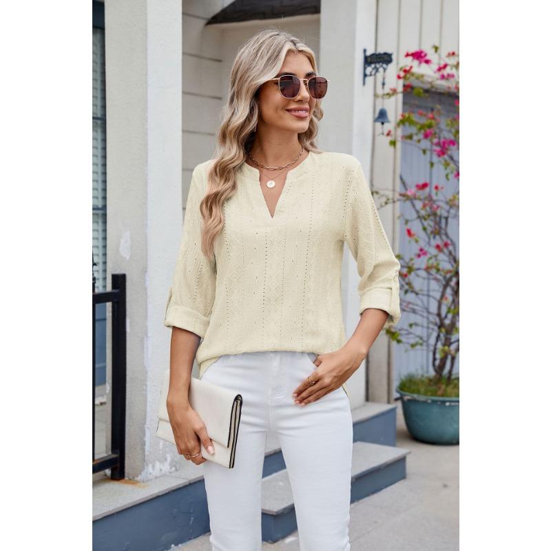 Damen Frühling und Sommer Neues einfarbiges V-Ausschnitt Siebenviertelärmeliges Knopf-Top-T-Shirt