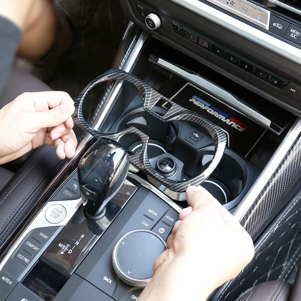 Carbon Fiber Style ABS Chrome Car Central Control Cup Holder Frame Cover Trim for BMW 3 Series G20 G28 325li 2019 2020