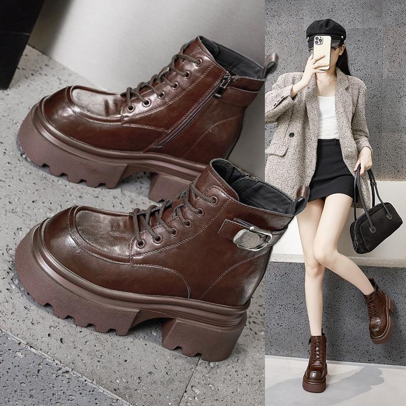 Thick-soled Martin boots for women's autumn and winter 2025 new versatile small inner height-increasing cotton boots with velvet warm short boots